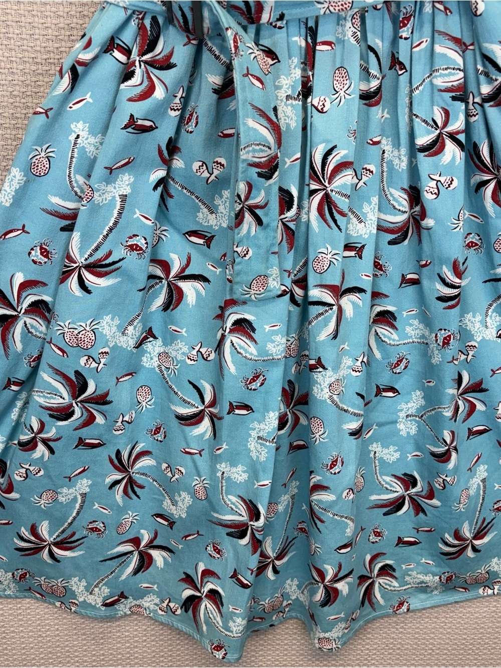 Vtg Bettie Page Hawaiian Fit & Flare Pin Up Blue Dress Sz 10 Retro Vacay Mini - Picture 6 of 13